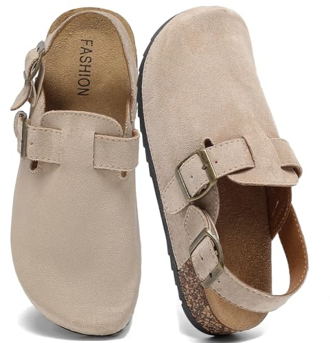 DDXYYDS Women's Suede Clogs with Back Strap Men's Cork Footbed Leather Mules Clogs for Women Comfort Memory Foam Slingback Clog Sandals with Adjustable Buckle Slip on Potato Shoes Beige