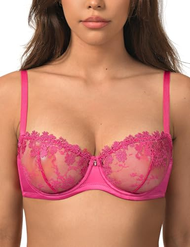 Wingslove Women's Sexy Lace Bra Demi Sheer Mesh Balconette See Through Bralette Unlined Underwire Embroidered (Rose Red,36D)