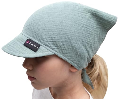 PinkZebra Foulard in mussola con visiera per neonati, bambini e bambine, da 0 mesi a 7 anni, cappello estivo leggero e traspirante, bandana da legare, verde, 0-12 mesi