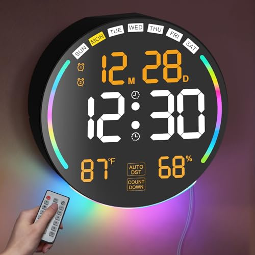 Orologio da Parete Digitale 26cm LED Grande Display,Orologio da Muro Digitale con 10 Colori RGB, Doppi Allarmi,10 Livelli di Luminosità, Auto DST,Timer per Conto Alla Rovescia/Giorno per Vari Scenari