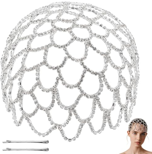 GORGECRAFT 1920s Copricapo di Cristallo Fiore Strass Catena Capelli Argento Ruggenti 20s Grande Gatsby Capelli Catena Capelli Cappello Cosplay Halloween Arte Festa (con 2 Pezzi Fermaglio Capelli)