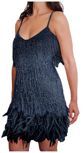 RUITOTP Vestido de Fiesta Mujer Flapper Gatsby Lentejuelas Vestido de Espagueti Correas Bodycon Flecos Vestidos de Noche con Cuello Halter Mini Vestidos de Cóctel con Plumas Carnaval
