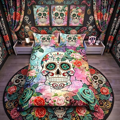Loussiesd Single Duvet Cover Set Sugar Skull Print Bedding Set 3D Floral Bones Pattern Decorative Flowers Microfiber Polyester Comforter Cover with 2 Pillow Shams, 3 Pieces, Zipper, Watercolor