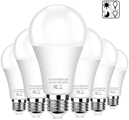 Brightever 6-Pack Dusk to Dawn LED Light Bulbs, A19 11W(100Watt Equivalent), E26 Basic Automatic On/Off, 1200LM, Daylight White 5000K Smart Sensor Lights, Outdoor for Porch Garage Yard Patio Garden