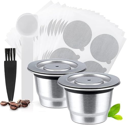 Refillable Coffee Capsules Stainless Steel Reusable Coffee Pods Compatible with N-espresso Original Line Machines (2 Cups + 100 Lids)