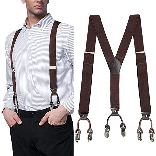 Bretelle da uomo con 6 forti clip in metallo, bretelle per pantaloni da uomo, resistenti, 35 mm di larghezza, bretelle elastiche incrociate regolabili con bottone a Y sul retro in vera pelle, Marrone,