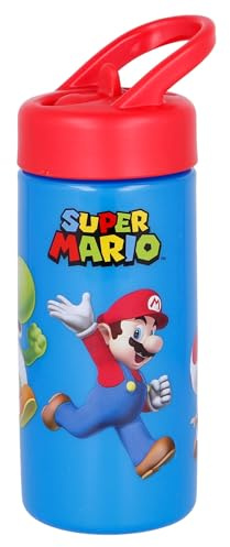 STOR Super Mario Bros Sportflaska med Sugrör och Handtag 410ml - BPA-fri Återanvändbar Barnflaska för Skola Sport och Utflykter