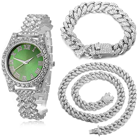 Halukakah Diamanten Gold Uhr, Kinder Platinplattiert Weißgold 36MM Breite Grün Zifferblatt Quarz Armband 20cm mit Kubanischer Kette 18+40cm Halskette Armband,Kostenlose Geschenkbox