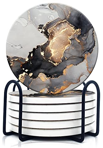 Dooke Untersetzer für Getränke, Absorbierenden Saugfähige Untersetzer mit Halter,Keramik Untersetzer mit Korkbasis, Einweihungsparty Geschenk Steinuntersetzer 6er Set (Grauer Marmor)