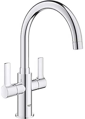 GROHE Start 30481000 Mitigeur d'évier de cuisine à deux poignées (bec en C haut, zone pivotante réglable 0°/150°/360°, installation 1 trou, basse pression min. 0,2 bar, UK Tails 1/2 BSP), taille 321