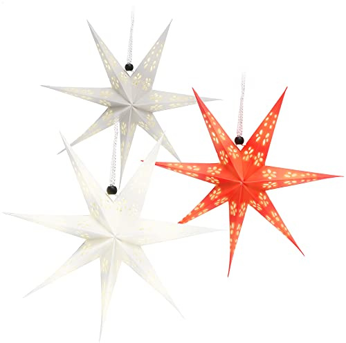 com-four® 3 lysande 3D stjärnor LED 30 cm, julstjärna med belysning | premium pappersstjärna att hänga upp