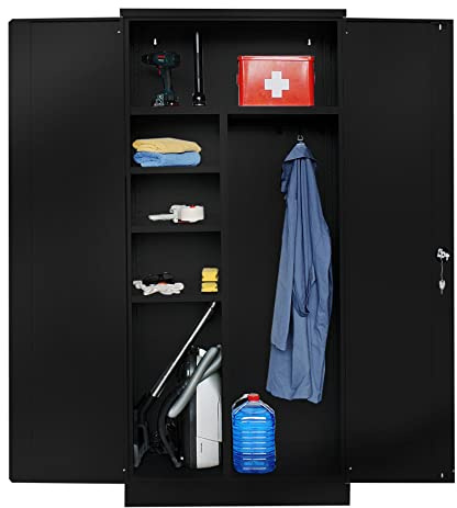 Schrank & Stuhl Mehrzweckschrank | Besenschrank | Spindschrank mit Hakenleiste und 6 Fächern, 195x92x42, komplett montiert, Schwarz