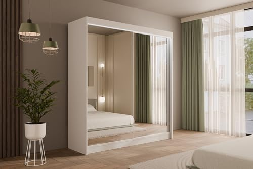 ALTDECOR Kleiderschrank mit Spiegel und Schiebetüren, kugelgelagerte Führungsschienen und Aluminium-Leisten, LED-Beleuchtung (weiß + 16 Farben) und Fernbedienung - AMOHA - 200cm Weiß