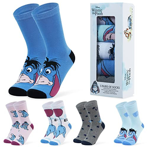 Färgglada Disneystrumpor för kvinnor, 5-pack, damstrumpor med roliga motiv, i bomull, presentset, Lilo och Stitch, Nalle Puh, skurkar och prinsessor, 35/41 EU