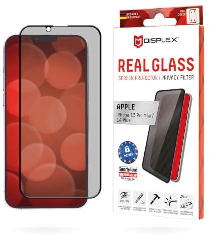 Displex Privacy Full Cover Panzerglas (10H) für Apple iPhone 13 Pro Max/14 Plus, Eco-Montagerahmen, Privacy Filter, Tempered Glas, kratzer-resistente Schutzfolie, hüllenfreundlich