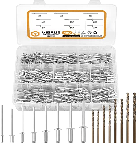 VIGRUE 480tlg Blindnieten Set und 8 HSS Bohrern, Alu, Stahl Nieten Popnieten Sortiment 2,4mm, 3,2mm, 4,0mm und 4,8mm popnieten zum Verbinden aller Arten von Dünnen Werkstoffen für Nieten Maschinen