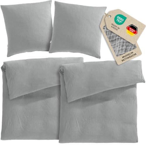 Pure Label Musselin Bettwäsche 4tlg 2x135x200+2x80x80 - Grau | Traumhaft weiche, kuschelige Bettwäsche-Sets aus Musselin - 40° Waschbar