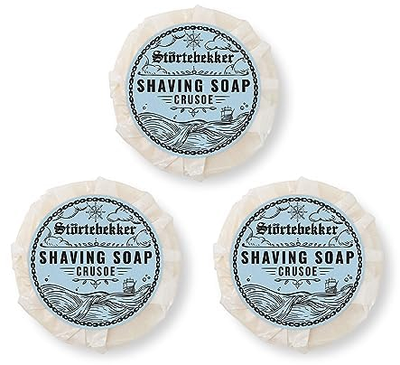 Störtebekker Premium Sapone da rasatura (Crusoe) - per una ricca schiuma da barba - Perfetto per la rasatura con rasoio di sicurezza e rasoio a lama dritta - vegano - fatto a mano (210g, 3pcs.)