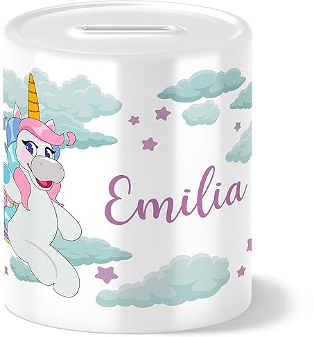OWLBOOK® Einhorn Spardose Personalisiert Mädchen | Geschenke zur Einschulung | Taufgeschenke für Mädchen | Geschenk Taufe | Sparschwein | Sparbüchse | Wiederverschließbar | Fröhliches Einhorn