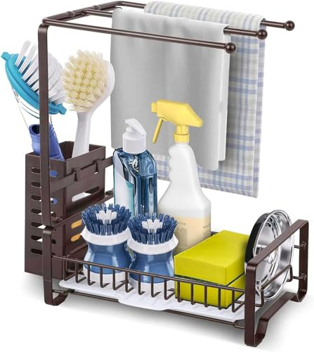 Bomclap Spülbecken Organizer, Schwammhalter für Küchenspüle mit Abflusspfanne, Edelstahl Spüle Caddy Organizer für Küche, Sink Organizer Utensilien Korb für Geschirrtuch Schwämme Bürste (Braun)