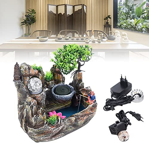 Zimmerbrunnen mit LED Beleuchtung Desktop Brunnen Zerstäuber Tischbrunnen mit Deko-Steingarten und Teich Wasserspiel Desktop Wasserfall mit Luftbefeuchter für Büro Café Dekoration
