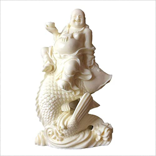 GaRcan Feng Shui-Ornamente, Buddha-Statue, Dekoration, Koi-Maitreya-Buddha-Statue, natürliches Elfenbein, Fruchtschnitzerei, Dekoration, weiß