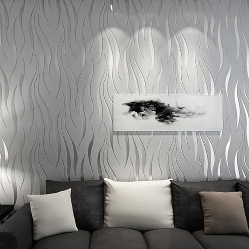 ChicSoleil 3D Tapete 3 Stück 3D-Wellen Geprägte Tapetenrolle,3D Optik Wellentapete,Vliestapete mit Wasserpflanzen-Muster für Wohnzimmer Schlafzimmer Wandtür 0,53 × 10 m (Silber-Grau)