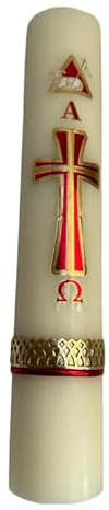 Semana Pascual Cirio 11 x 2 Red Cross Risen Christ Sticker,Alpha & Omega Botton Decorated with Red -Gold Color Wax, Paschal Candle Easter