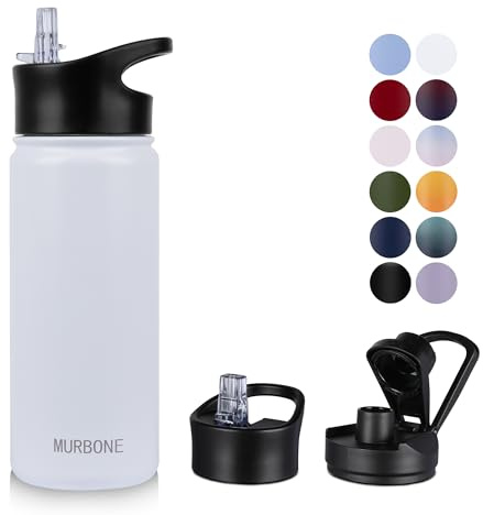 MURBONE Edelstahl Trinkflasche 500ml (+2 Deckel)-mit Strohhalm,BPA frei,Thermosflasche Auslaufsicher,Kohlensäure Geeignet,Thermoskanne Vakuum Doppelwandisolierung für Sport, Reisen, Camping