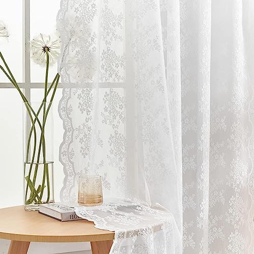 YJ YANJUN White Lace Curtains 102 inch Long 2 Panels Cottagecore Vibe Floral Sheer Curtains for Bedroom Sliding Glass Door Light Filtering Bohemian Farmhouse Country Decor W52 X L102
