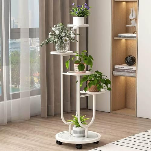 Mode blumenbank für innen draußen mit Rädern, modern blumentreppe outdoor, Garten deko pflanzenständer outdoor, balkon Mehrstöckig blumenständer, für Zimmerecke,Wohnzimmer,Terrasse,Hof.(Wit)