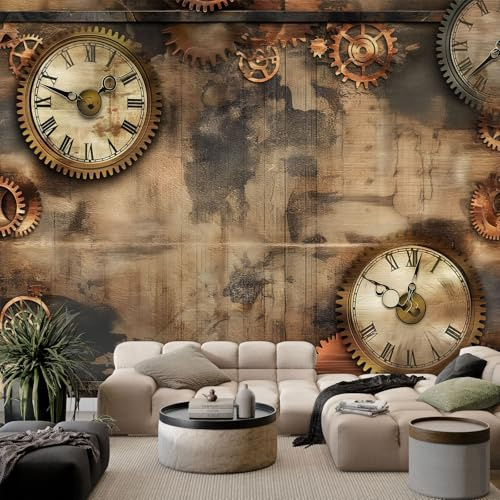 Fototapete 250x175cm Steampunk-Stil Retro Uhr 3D Effekt Hochwertige XXL Moderne Wanddeko Tapete, Braun Vlies Tapete Wandbild für Wohnzimmer Schlafzimmer Büro