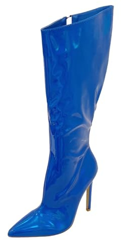 Knähöga stövlar dam med klack – läderstövlar med penigasbatz stilettos långa stövlar PU-läder höga klackar stövlar vidskaft ridstövlar overknees stövlar med dragkedja, blå, 41 EU