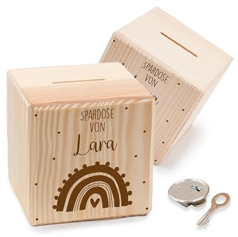 KIDSMOOD - Spardose Kinder aus Holz mit Schlüssel – Sparschwein Kinder, Personalisiert mit Namen & niedlichen Motiven – Sparbox zum Geld sparen Kinder