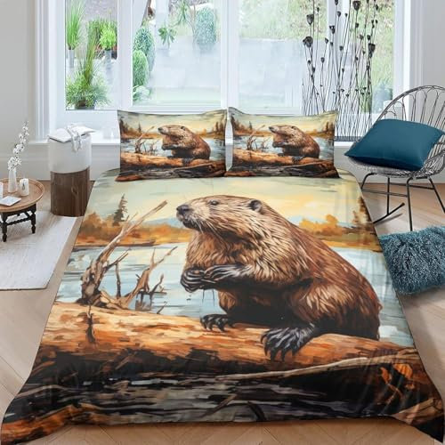 Bettwäsche 3D Bettbezug 260X240 cm Tier Biber Bettwäsche Set 3 Teilig Bettbezüge Mikrofaser 100% Polyesterfaser, Bettbezug Mit Reißverschluss Und 2 Kissenbezug -456U203I793V