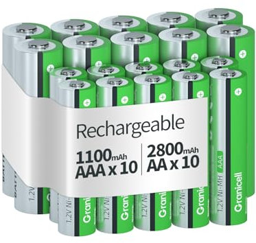 Granicell 20 Pcs AA AAA Rechargeable Batteries, 10 x AA 2800mAh High-Capacity and 10 x AAA 1100mAh High-Capacity, 1.2V Ni-MH Battery, Rechargeable Up to 1300 Times