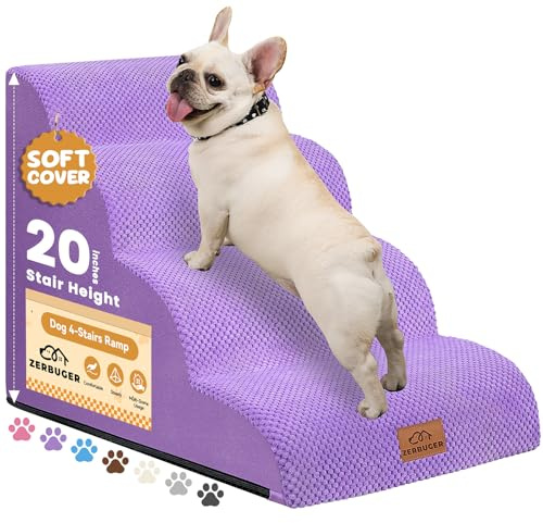 Zerbuger Dog Ramp and Stair for Bed 16 H-20 H,3-Step Cat Stair for Sofa and Chair,4-Step Dog Ramp for High Bed and Window,Durable Nonslip Fabric Cover for Indoor (Purple-20 H, Pet Friendly, 4)