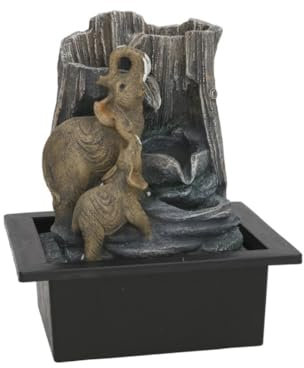 Fuente Decorativa de Mesa con Elefantes, Cascada Interior, Base Negra, Diseño Rústico