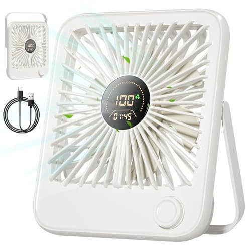 Dealswin Tischventilator Sehr Leise Stufenlos 1-100 Regler mit LED-Anzeige USB Ventilator Kleiner Tragbarer 3600mAh Akku Mini Ventilator für Schlafen, Büro, Heim, Im Freien, Küche, Reisen（Weiß）