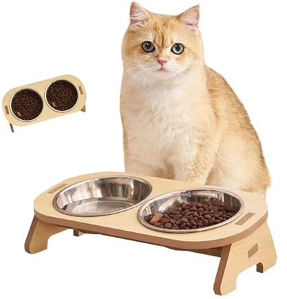 Druuzyl Gamelle surélevée pour Chat/Chien Double Bol en INOX avec Support en Bambou, Antidérapante pour Nourriture et Eau, Mangeoire et Abreuvoir Design pour Animaux (Lapin/Chien/Chat)