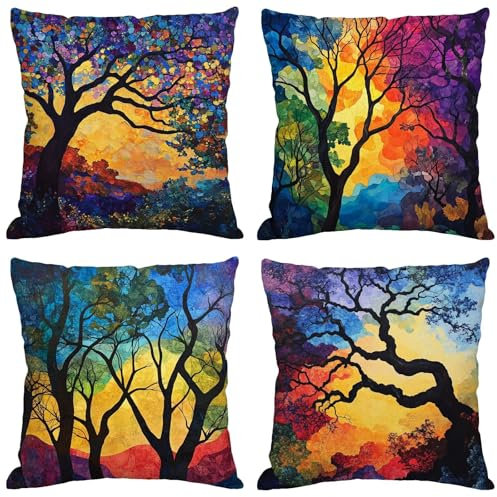 Kissen Bunt Kissenbezug 70x70 cm Groß Kissen 4er Set Wetterfest Leinen Kissenhüllen Baum Pillow Quadratische Cushion Covers für Garten Sofa Wohnzimmer Schlafzimmer Bett Büro Zuhause Dekor m-64