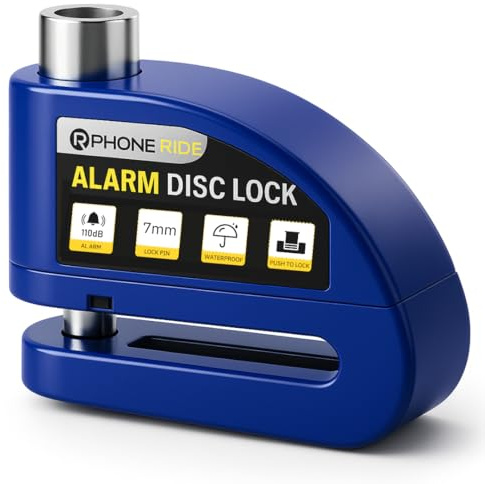 Bloccadisco con allarme 110 dB – Antifurto per moto/scooter/bicicletta – compatto e robusto, resistente alle intemperie, elettronica protetta – utilizzabile con guanti – con borsa da trasporto – Blu