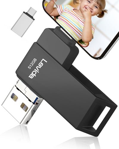 Clé USB 512Go Levida pour Phone, Porte Clé Photo, Extension Mémoire Externe pour Téléphone Android/iOS, Ordinateur Portable, Vidéos/Photos/Document, Noir Métallisé