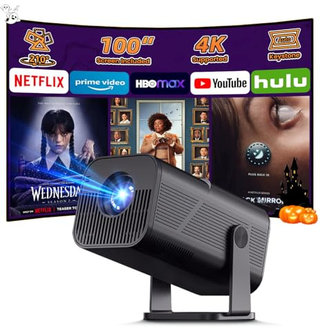 Proyector inteligente con WiFi y Bluetooth, proyector portátil para exteriores con soporte 4K, 200 lúmenes ANSI, soporte giratorio de 210°, Keystone automático, proyector de película con aplicación