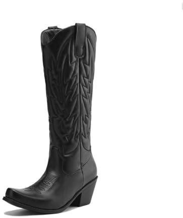 Wtharosa Botas Cowboy Mujer Altas hasta La Rodilla Negro Cuero Sintético Acolchado Tacón Grueso Estilo Clásico Montar Viaje Exterior Moda Diario,Negro,34 EU