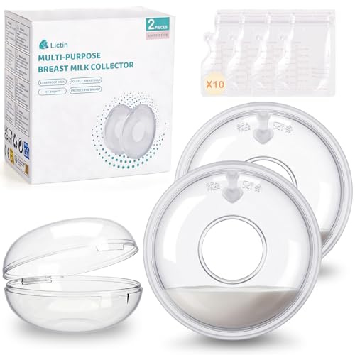 Lictin 2 Coppette Raccoglilatte-Proteggi Capezzolo (60ML), 10 Sacchetti Latte Materno, senza BPA, in morbido silicone con fori di ventilazione, guscio per allattamento riutilizzabile