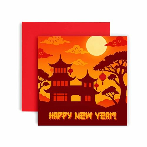 Huxters Biglietto di auguri per capodanno lunare 2026, design anno del cavallo, biglietto di alta qualità rosso e oro con busta, celebrazione tradizionale cinese (Lanterna)