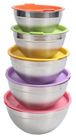 Tomedny Cuencos para mezclar con tapas, 5 piezas de acero inoxidable, cuencos para mezclar, organizadores de almacenamiento de alimentos, contenedor, ensaladera de metal para hornear,