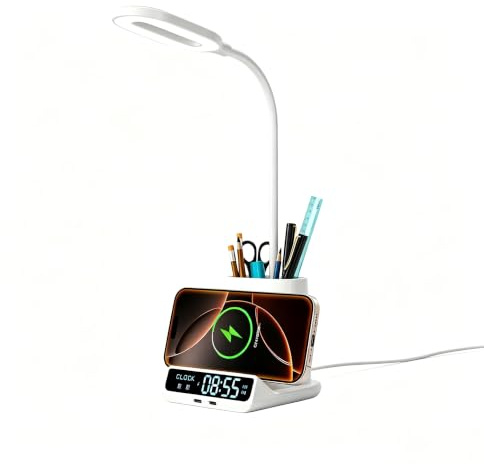 SONVIEE 5IN1 Schreibtischlampe LED Dimmbar mit Uhr Wecker Stifthalter Ladefunktion，3 Lichtfarben Schreibtisch Tischlampe Tischleuchte Studienlampe，Nachttischlampe Tisch Lernlicht Lese Licht Nachtlicht