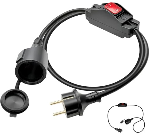 1.5M Schuko Verlängerungskabel mit Schalter, 16A 250V Netzkabel Steckdosenverlängerung Schwarz mit Schuko Stecker für Zuhause Büro Außen Innenbereich, 90 Grad, 3x1.0mm² IP44, Wasserdicht